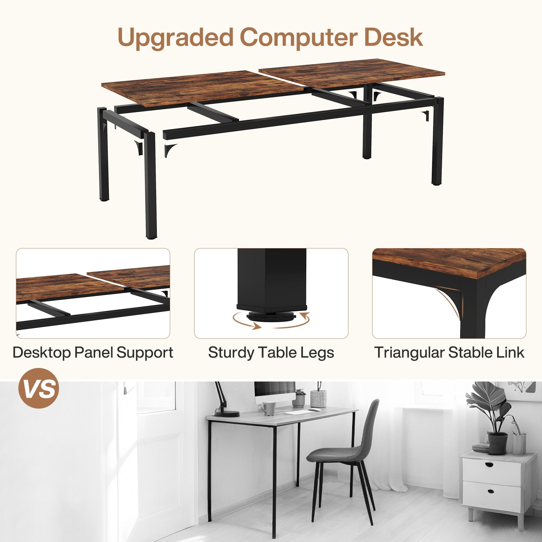 Fnova 78.7" Modern Computer Desk with Wood Desktop, Metal Frame Office Desk, Rustic Brown