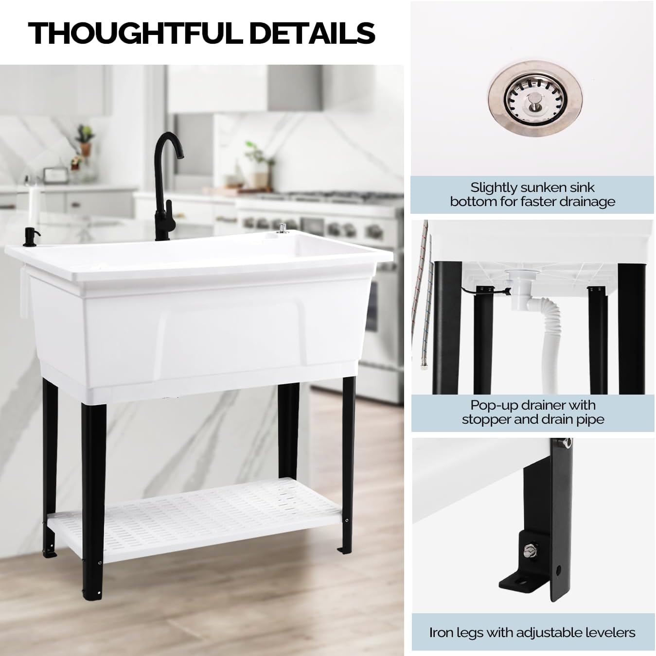 Ktaxon 27 Gallon Plastic Utility Sink with Hot/Cold Faucet, 36" Freestanding Laundry Tub with Iron Legs, Storage Shelf, Drain Board, Soap Dispenser and Pop-up Button for Bathroom, Laundry Room, White