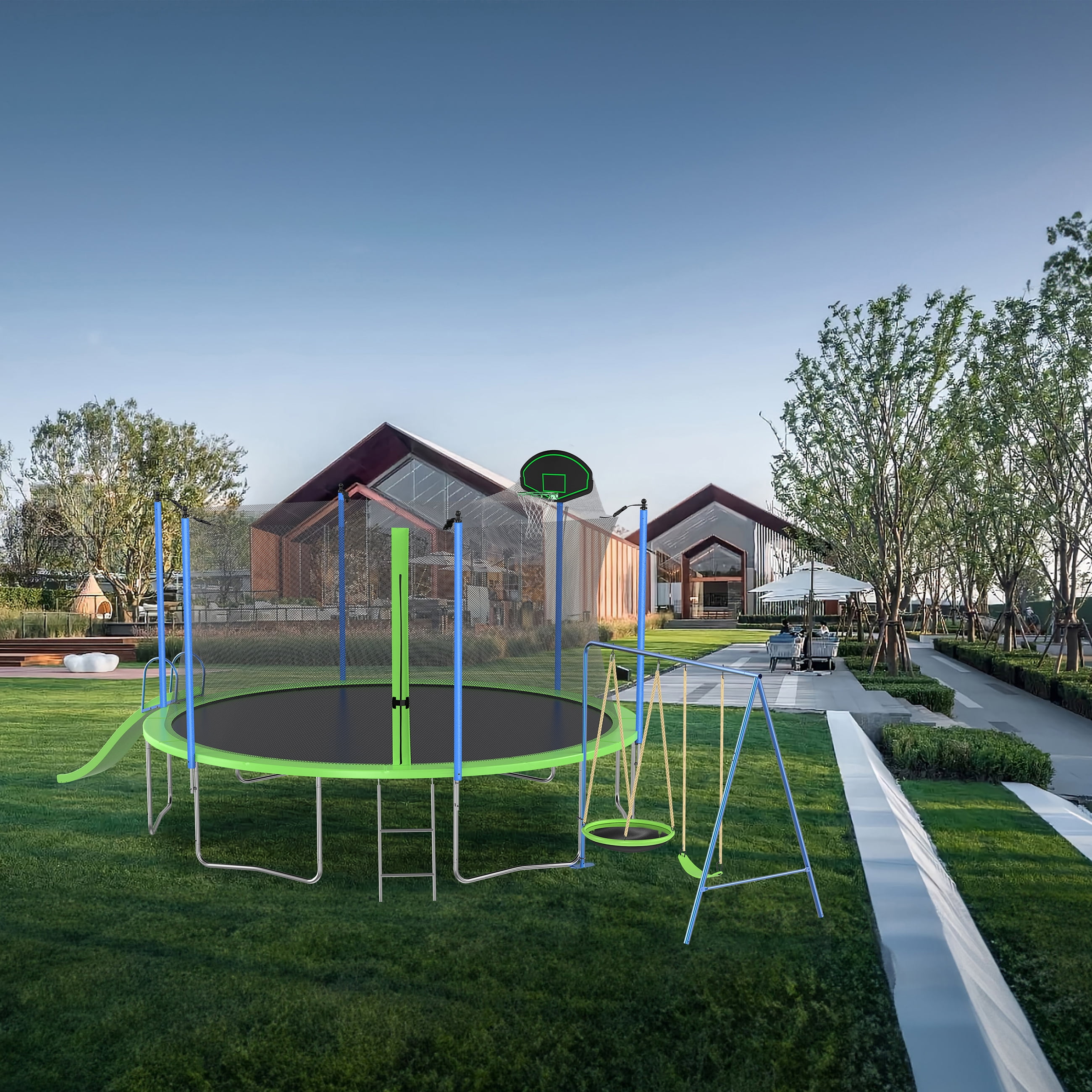 Leumius 12FT Trampoline with Slide and Swings,Outdoor Large Recreational Trampoline with Basketball Hoop and Ladder,Backyard Trampoline with Net,Green