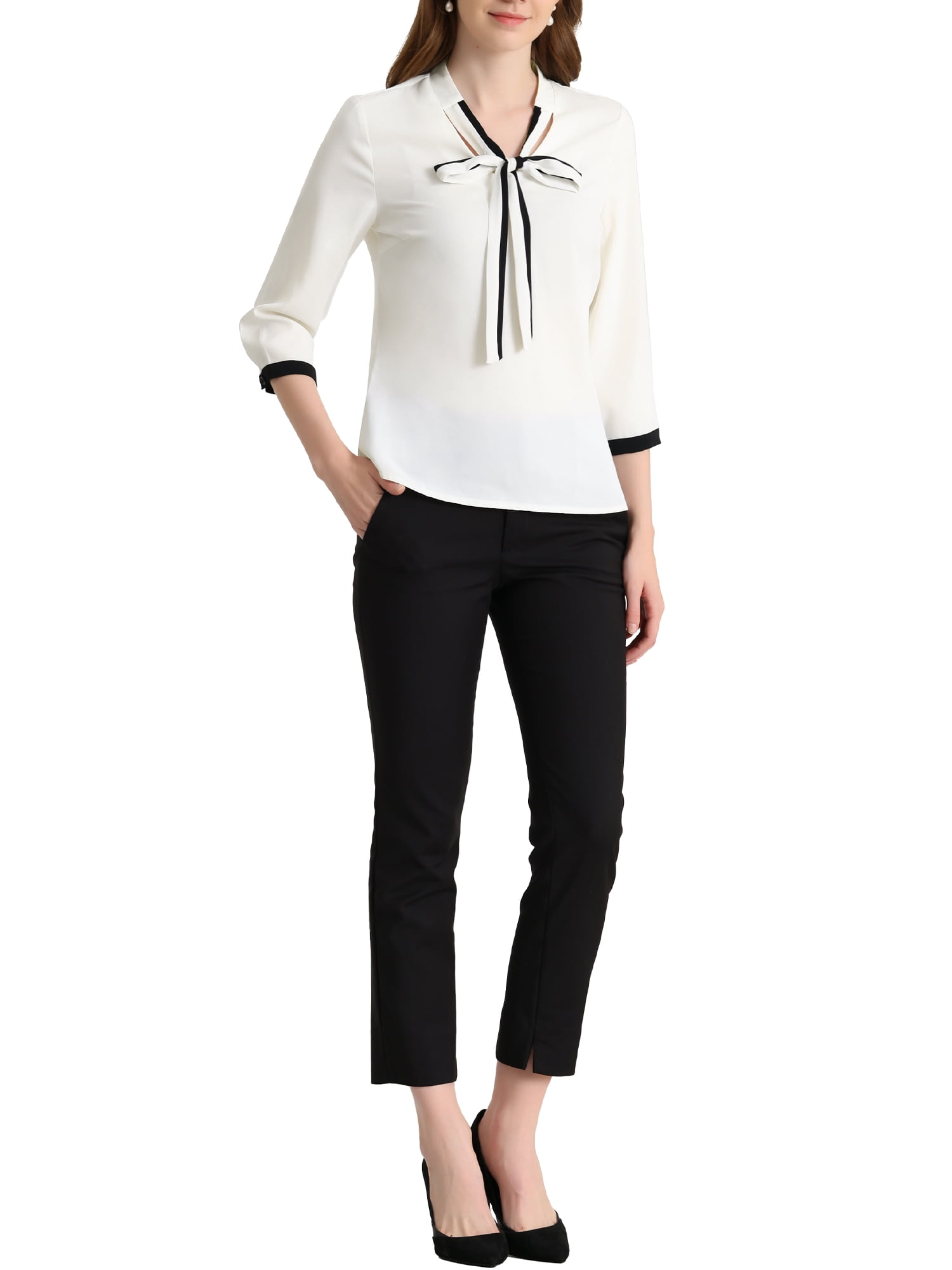 DARING DIVA Women's Tie V Neck Half Sleeve Button Cuffs Shirt White S