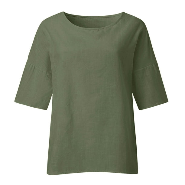 Flywake Women Plus Size Savings Clearance! Plus Size Tops for Women Summer  Casual Cotton Linen Shirt 3/4 Sleeve Crew Neck Tunic Plain Loose Blouses T- Shirt 