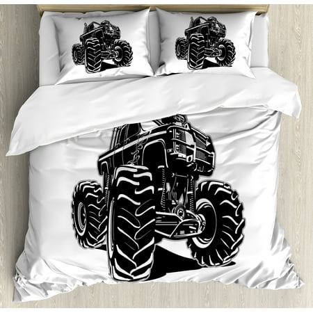 Truck Duvet Cover Set, Modified Automobile Monochrome Sketch Pattern Monster Pickup Truck Off Road Vehicle, Decorative Bedding Set with Pillow Shams, Black White, by