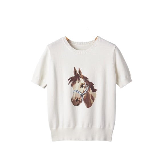 Women's Western Horse Head Print Short Sleeve Sweater – Casual Round Neck Summer Knit Top, XL