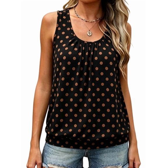 Women's Polka Dot Tank Tops Sleeveless Loose Fit Pleated Tunics Crewneck Summer Vacation Outfits Black S
