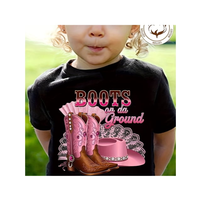 Summer Girl's 100% Cotton "Boots On The Ground" Alphabet Cartoon Cowboy Hat And Boots Print T-Shirt Comfortable And Casual Round NeckShort Sleeved Shirt for Suitable for Both Boys And Girls