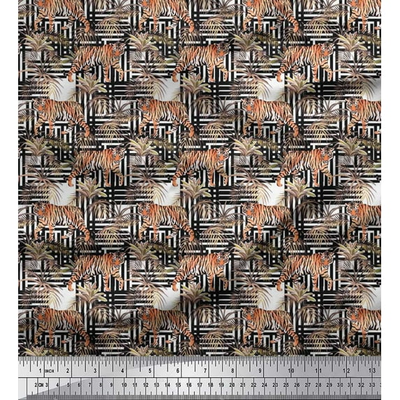 Soimoi Rayon Fabric Texture,Leaves & Tiger Animal Printed Fabric 1 Yard 42 Inch Wide