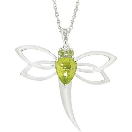 1.24 Carat T.G.W. Peridot and Diamond in Sterling Silver Dragonfly Pendant, 18