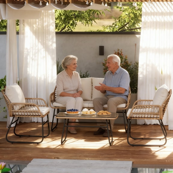 Melocadol 4 Piece Rattan Patio Furniture Set, Rattan Chairs and Table, Perfect for Backyard, Outdoor Living Spaces with Durable All-Season Cushions, Natural Rattan Beige Cushion