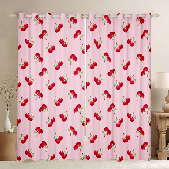 Homewish Cute Cherry Black Out Curtains,Sweet Cherries Fruit Curtains Pack of 2 (42x63 Each),Pink Red Bedroom Curtains For Girls Kids,Microfiber Bedroom Decor
