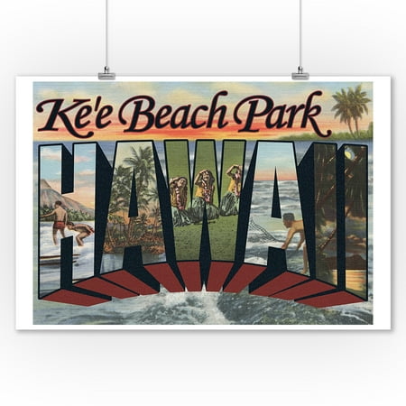 Beach Wall Art Large Ke'e Beach Park, Hawaii - Large Letter Scenes (9x12 Art Print, Wall Decor Travel Poster) ()