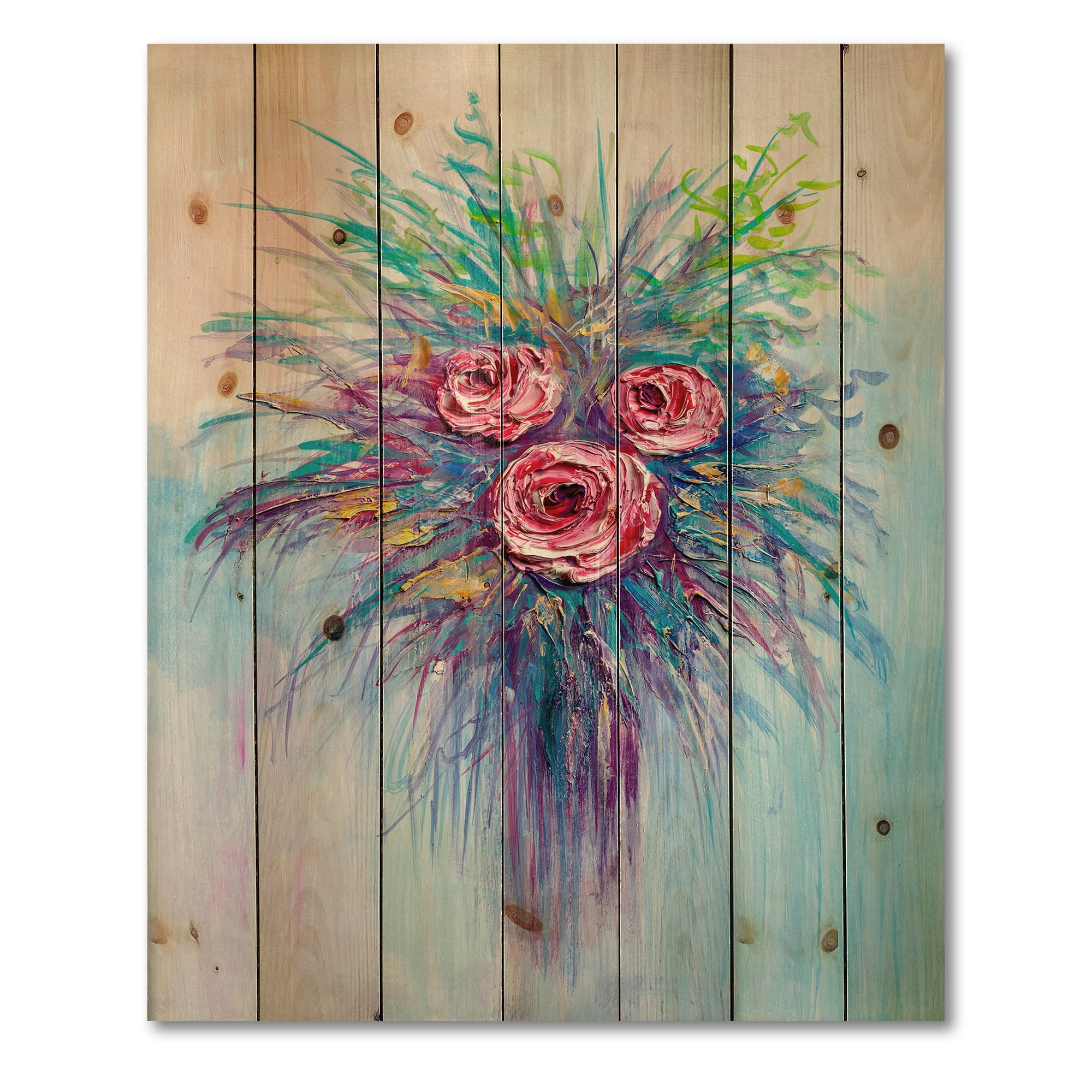 Designart 'Bouquet Of Red Roses In A Vase On Blue' Traditional Print on Natural Pine Wood