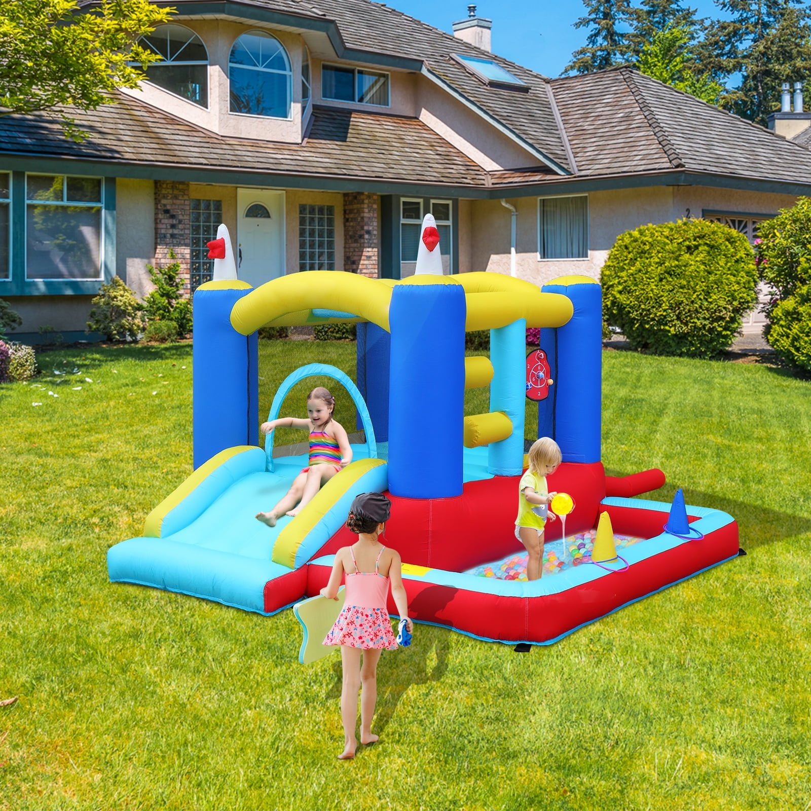 Ktaxon Inflatable Bounce House with Blower for Kids 3+, Indoor & Outdoor Bouncy Castle with Slide, Perfect for Birthday Parties, Backyard, Lawn