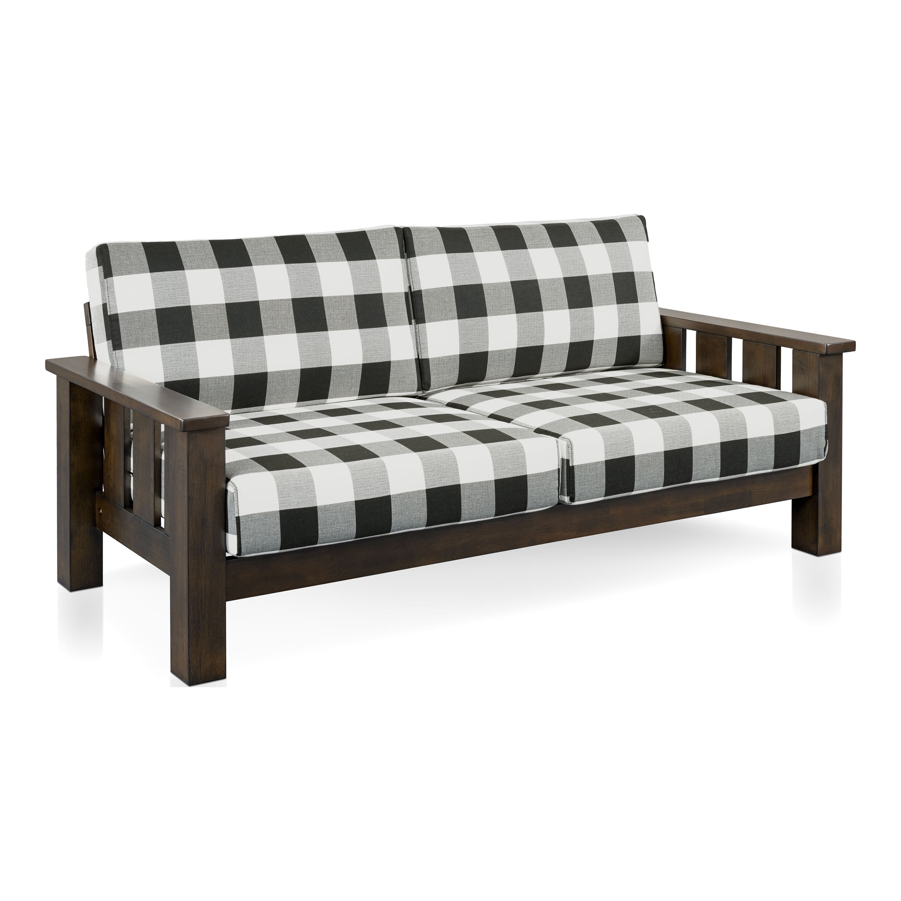 Furniture of America Mell Rustic Solid Wood Plaid Pattern Cushion Sofa, Dark Walnut