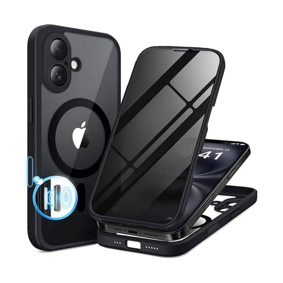 YJJSKEJI Magnetic for iPhone 16 Case, Compatible with MagSafe, Built-in Privacy Screen Protector and Upgraded Camera Protection, Anti-Spy Full Body Shockproof Phone Case for 16 6.1", Black