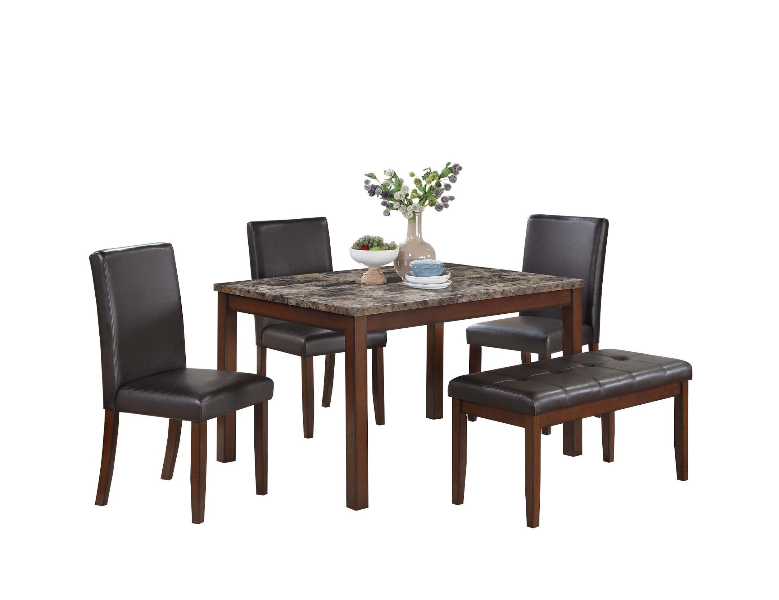 Aukfa 5-Piece Dining Set with 3 Chairs and Bench, Rectangular Faux Marble Table with Upholstered Seats for Kitchen or Dining Room, Brown