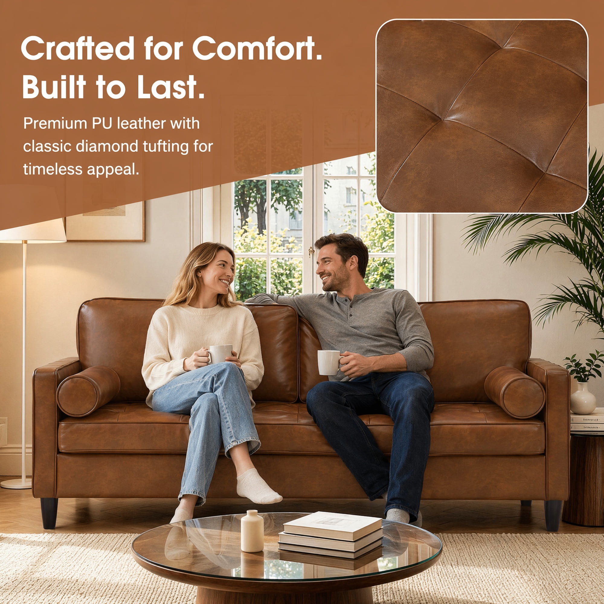 Leumius 74.5"W 3-Seater Sofa Loveseat Sofa Faux Leather Breathable Upholstered Sofa Couch with Solid Wood Legs for Living Room, Apartment & Office,Brown