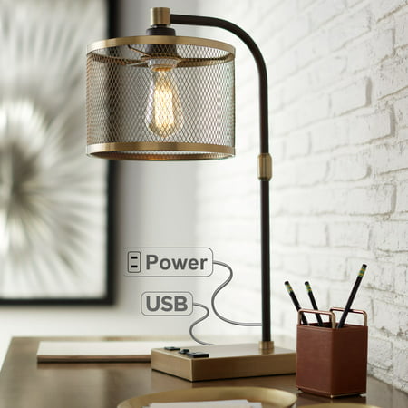 360 Lighting Industrial Desk Lamp with USB and AC Power Outlet Antique Brass Bronze Perforated Metal Shade for Bedroom