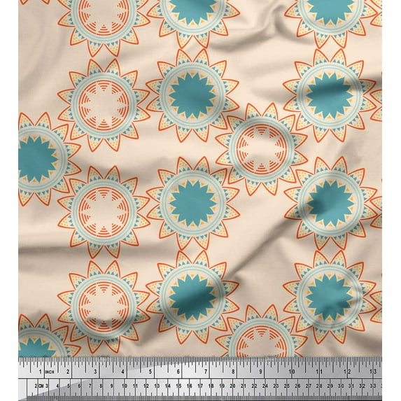 Soimoi White Rayon Crepe Fabric Sun Mandala Print Fabric by Yard 46 Inch Wide