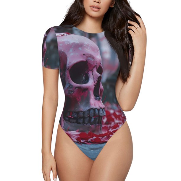 Fotbe Gothic Red Skull Cemetery Body de Mujer con Cuello Redondo y Mangas Cortas, Sin Mangas Ajustado, Suave, Cómodo y Básico-X-Large