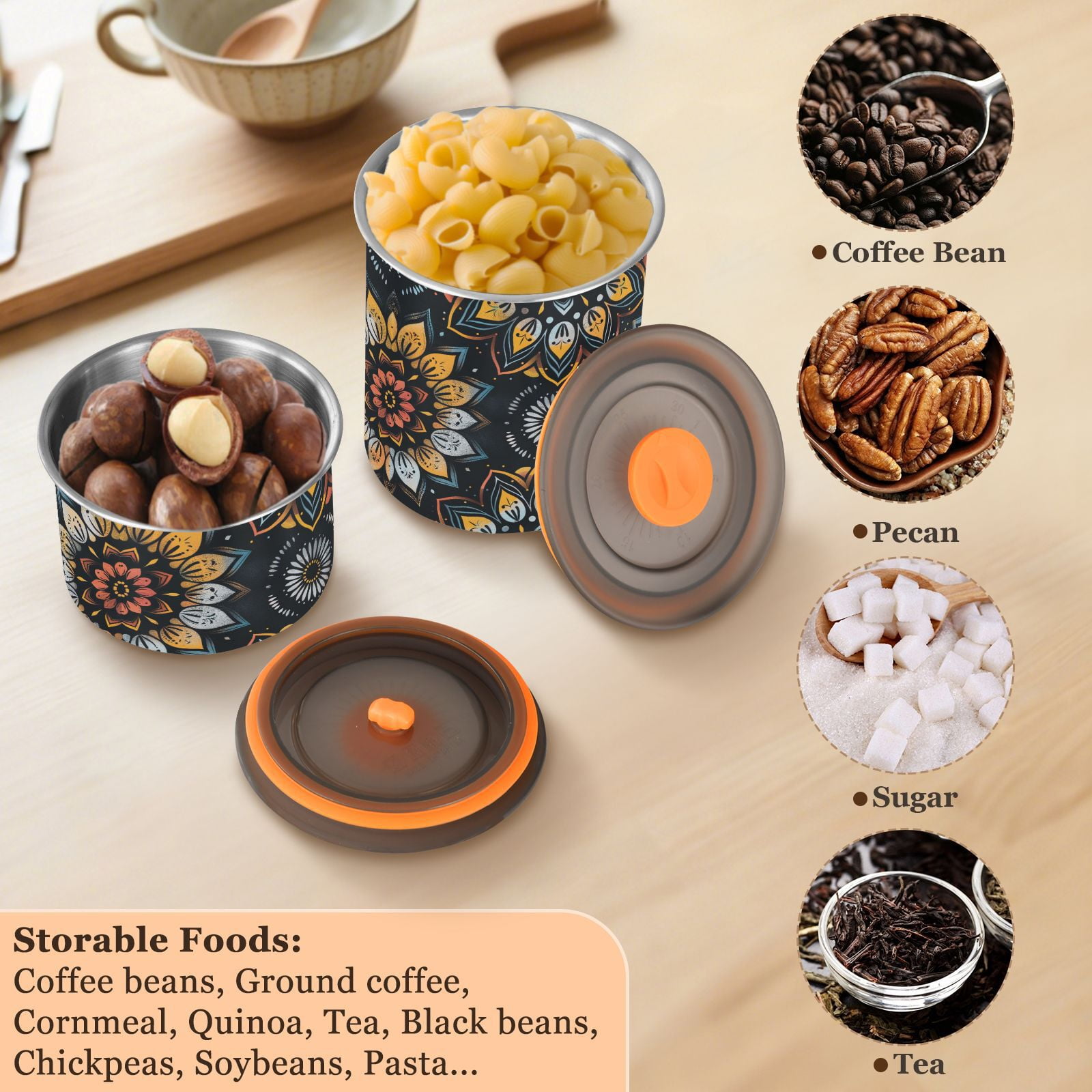 Mandala Flower Floral Airtight Coffee Bean Canister 30oz Food Storage Containers with Lids For Gournd, Tea, Sugar, Flour, Rice, Cereal, Candy Cookie Jar