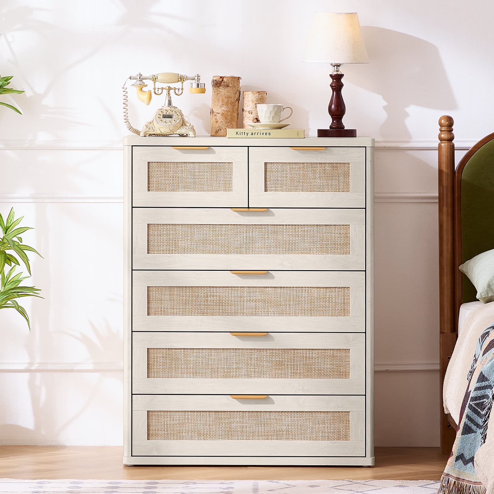 6 Rattan Drawer Dresser, Rustic White Dressers for Bedroom with Chest of Drawers, Wooden Cabinet for Bedroom, Living Room, Entryway