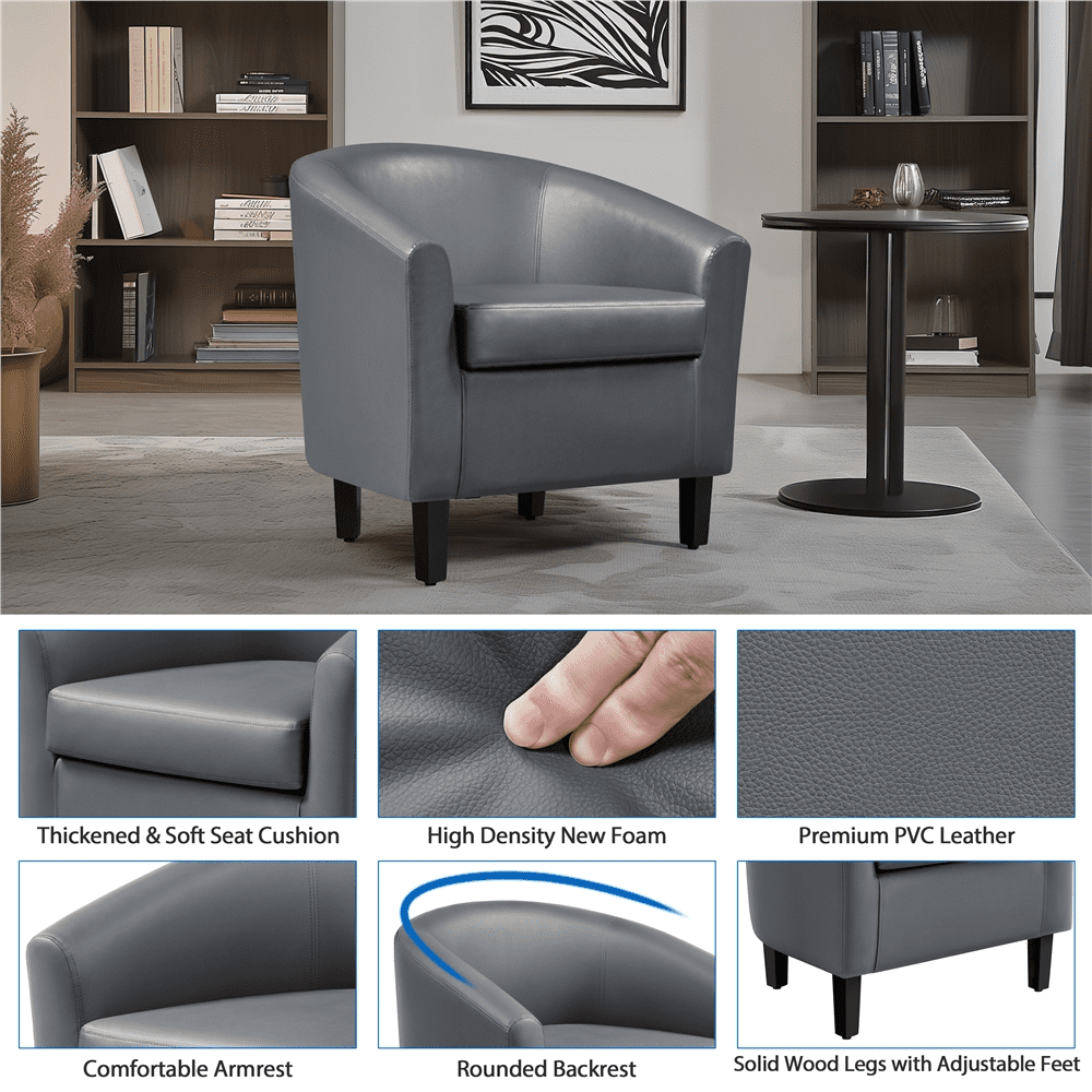 Renwick Faux Leather Barrel Accent Chair for Livingroom, Gray