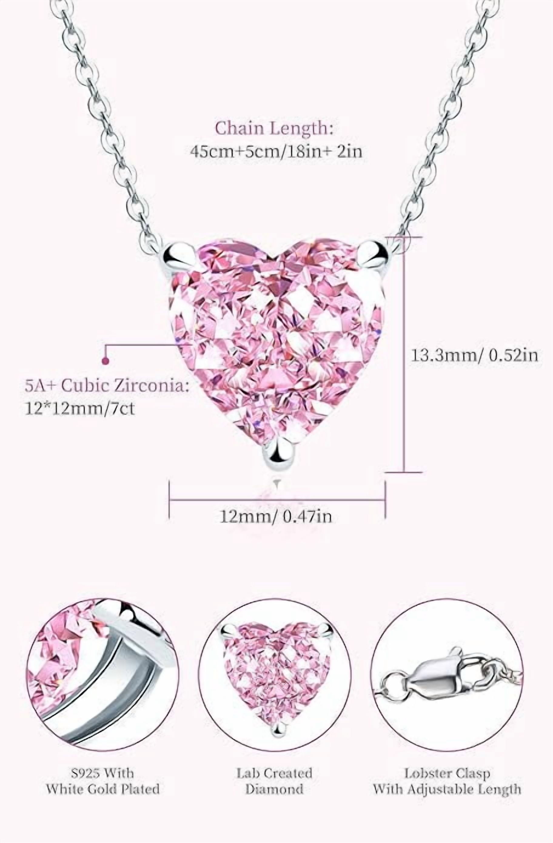 AINUOSHI Necklace for Women, Lab Simulated Diamond, Pink Heart Cut Pendant, 925 Sterling Silver with 18K White Gold Plating, Christmas Gift