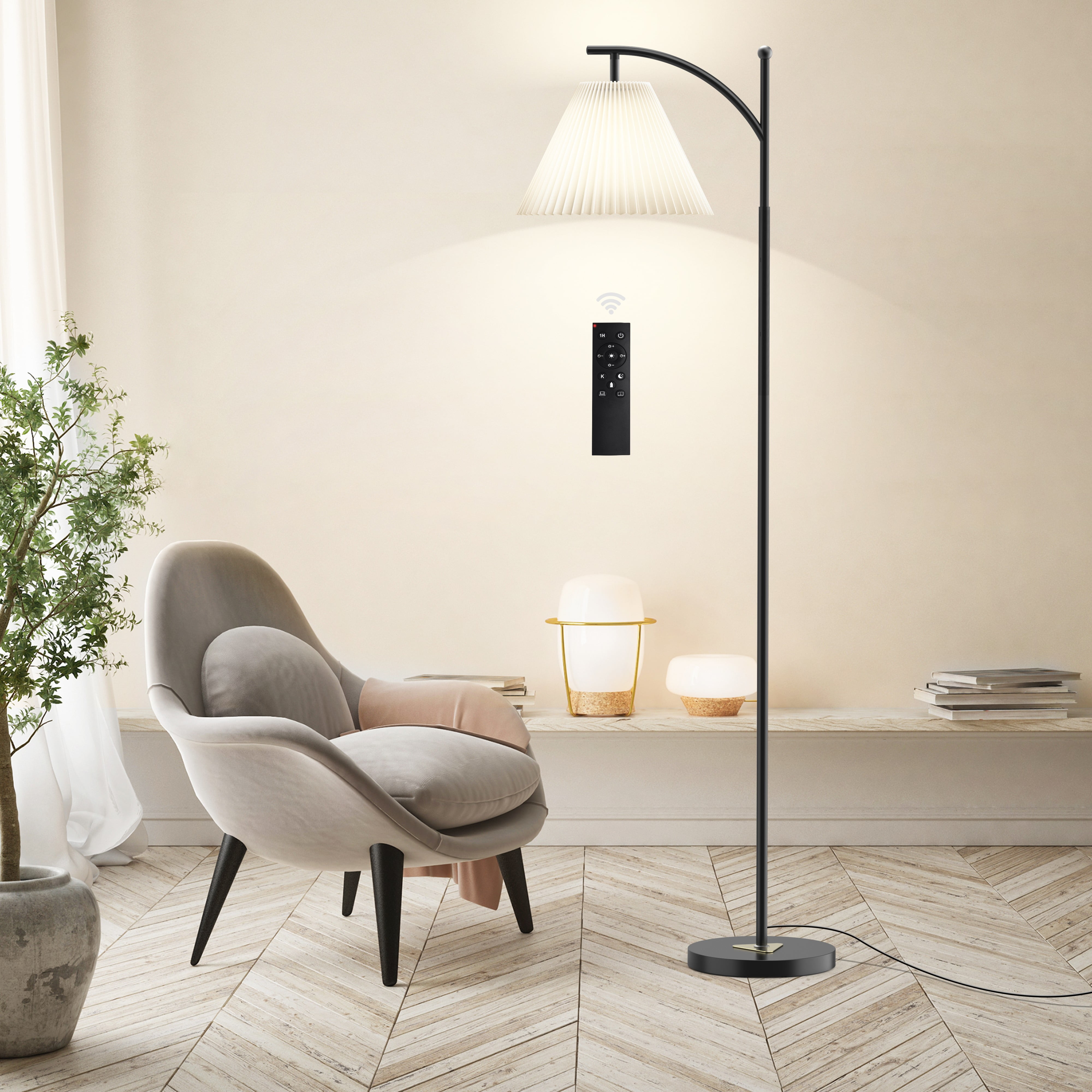 Remote & Foot Control Floor Lamp - 3-Way Dimmable LED with Green Pleated Shade, 62''Modern Standing Lamp for Living Room/Bedroom