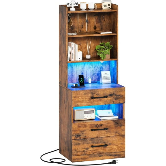 AOGLLATI Tall Nightstand with Charging Station and LED Lights, Night Stand with 3 Drawers, Rustic Brown Bedside Table with Bookshelf, Modern End Side Table for Bedroom