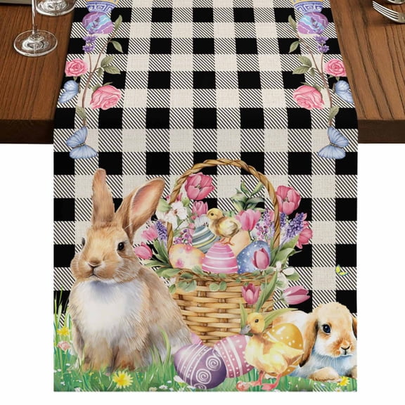 Table Runners 120 Inches Long Dress Scarves, Easter Bunny Farmhouse Coffee/Dining/Kitchen Table Runner for Living Room, Spring Easter Eggs Floral Black White Check 13x120 Inch