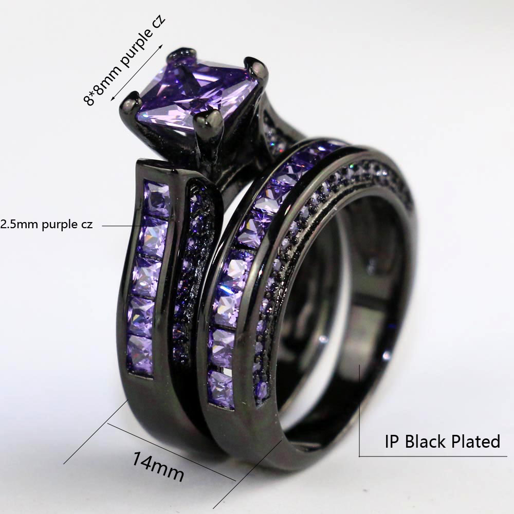 Matching Rings Couple Ring Black Gold Plated Princess cut 1CT CZ Women ...