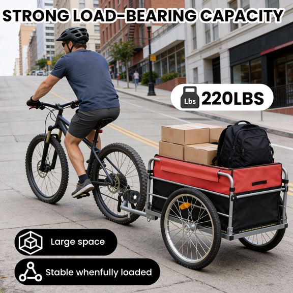 Bike Cargo Trailer with 20 Wheels, 220 lbs Capacity Folding Groceries Hauler for Cycling Travel, Black Red Steel Frame