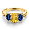 thumbnail image 3 of Gem Stone King 18K Yellow Gold Plated Silver Yellow Citrine and Blue Created Sapphire Filigree Style 3 Stone Ring for Women (2.50 Cttw, Oval 8X6MM and 6X4MM) (Size 9), 3 of 6