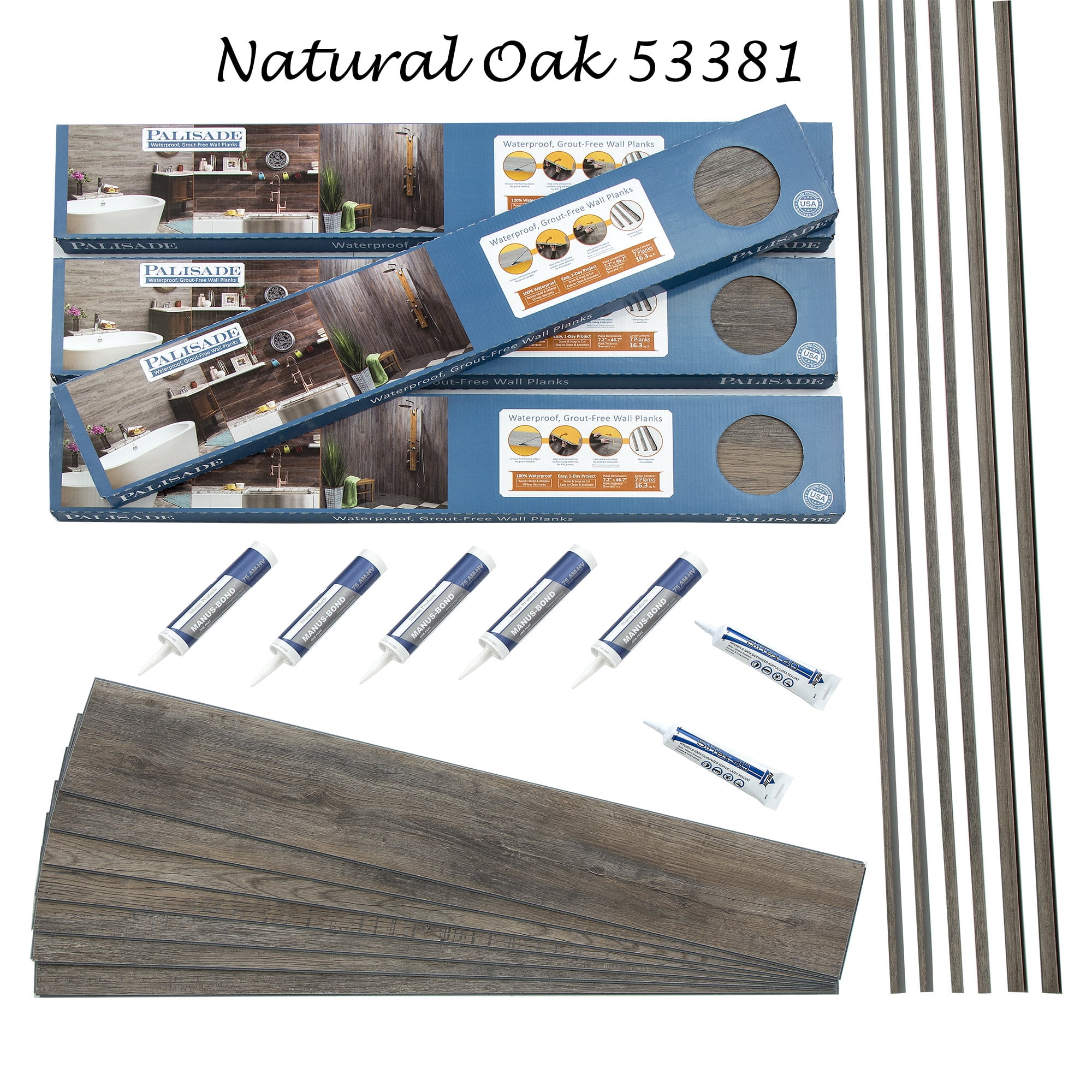 Palisade 46.7in x 7.2in Vinyl Plank Shower Kit in Gray Oak