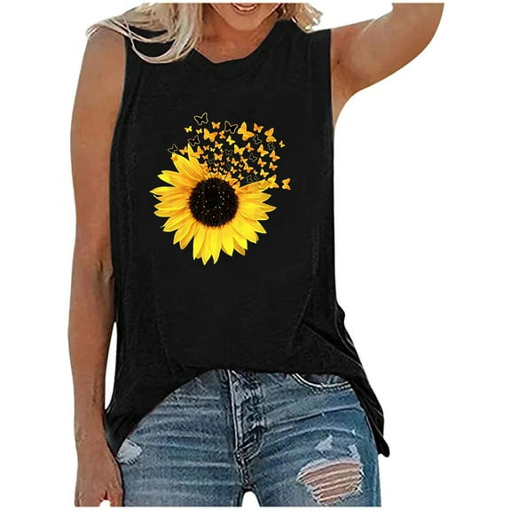 ibuvkizy Womens Tank Tops Loose Fit Cute Summer Tops for Women,Womens Tank Tops Casual Loose Fit Plus Size Sunflower Printed Tee,Gifts for Women
