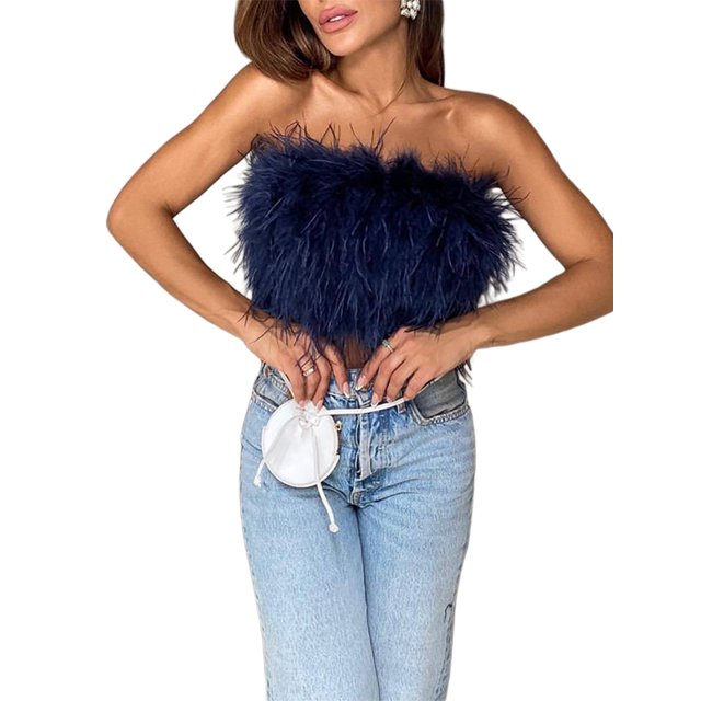 Txlixc Mujeres Sexy Plumas Crop Tops Artificial Faux Fur Trim Chaleco sin mangas Tube Strapless Tank Top Party Club Streewear Txlixc Estilo de ocio