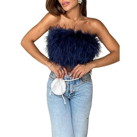

Women Sexy Faux Fur Tube Crop Top Solid Color Feather Strapless Backless Zip Up Tube Top Y2k Bustier Corset Top Party Clubwear
