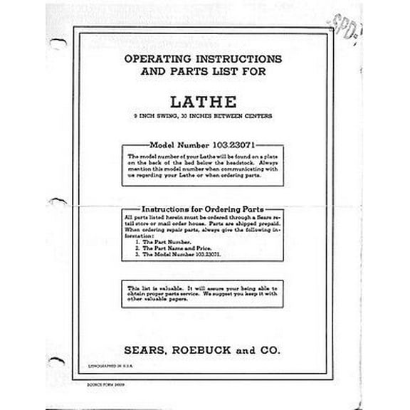 1954 Craftsman 103.23071 /King-Seeley 9" x 30" Lathe Instructions REPRINT