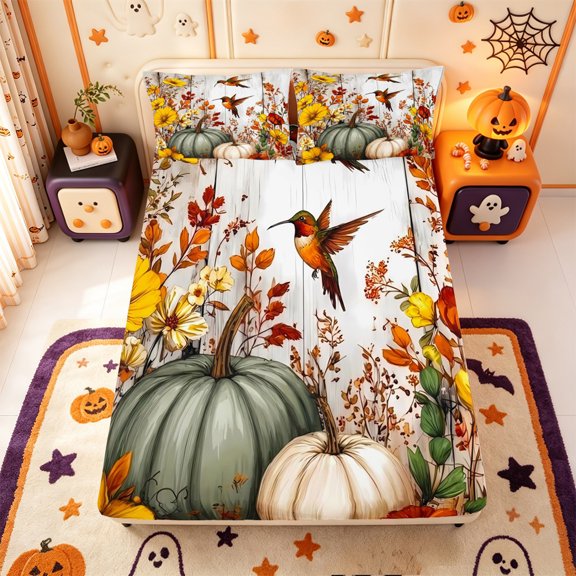 Manfei Harvest Season Hummingbird Fitted Sheet Full,Farmhouse Pumpkin Bed Set,3-Piece,1 Fitted Sheet and 2 Pillowcases