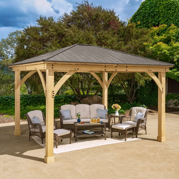 Yardistry 12' x 14' Meridian Gazebo – Premium Cedar Wood Structure with Coffee Brown Aluminum Roof and 6" x 6" Posts