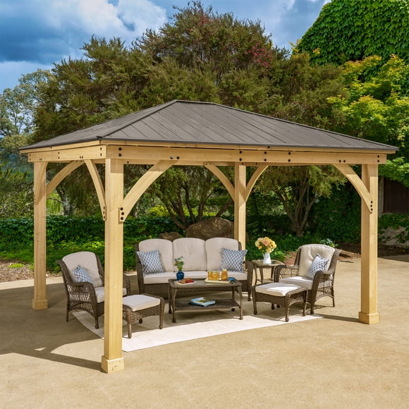 Yardistry 12' x 14' Meridian Gazebo – Premium Cedar Wood Structure with Coffee Brown Aluminum Roof and 6" x 6" Posts