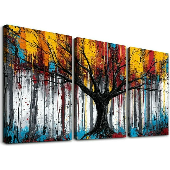 Colorful Abstract Splatter Forest Triptych Unframed Canvas Painting 12x16 Inches - Living Room Bedroom Wall Art Decor - Modern Dripping Style Print Painting (No Frame)