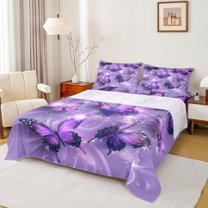 Manfei Kawaii Butterfly Twin Sheet Sets,Dreamy Theme Twin Fitted Sheet,Purple Black Flat Sheet For Girls Teens,Ultra Soft Home Decor,3pcs