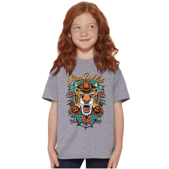 Stay Wild Tiger Head Rose Tattoo Crewneck T Shirts Boy Girl Teen Brisco Brands L