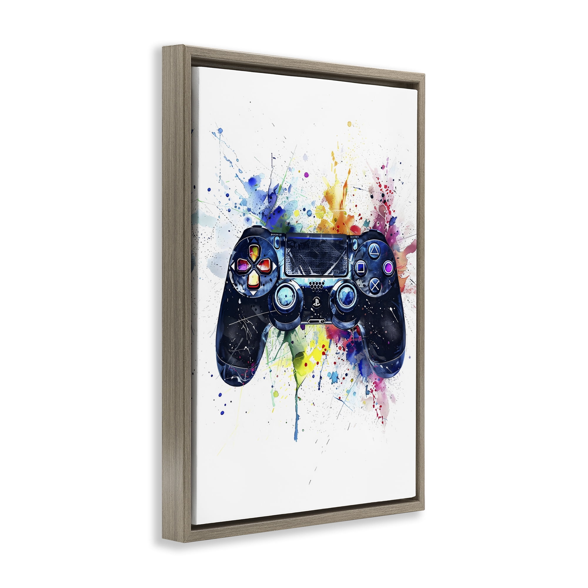 Stupell Industries Colorful Gaming Controller Splatter Brown Framed Floater Canvas Wall Art, design by Creative Studio