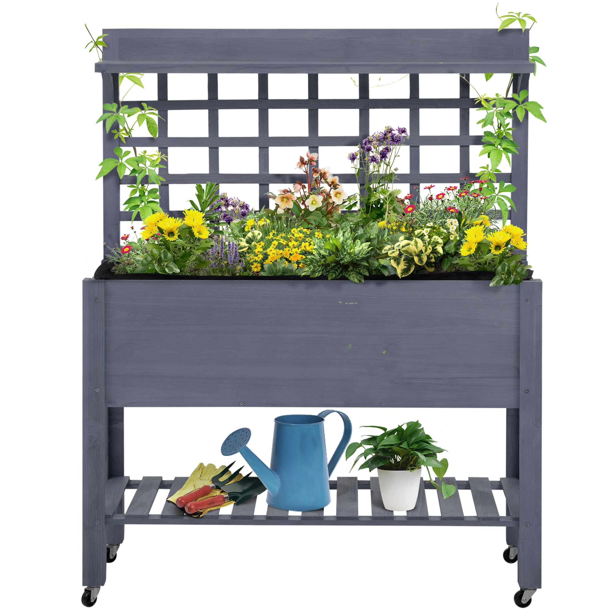 AsterOutdoor 41" Raised Garden Bed with Trellis on Wheels, Wooden Elevated Planter Box with Legs & Liner for Flowers, Herbs & Vegetables, Gray