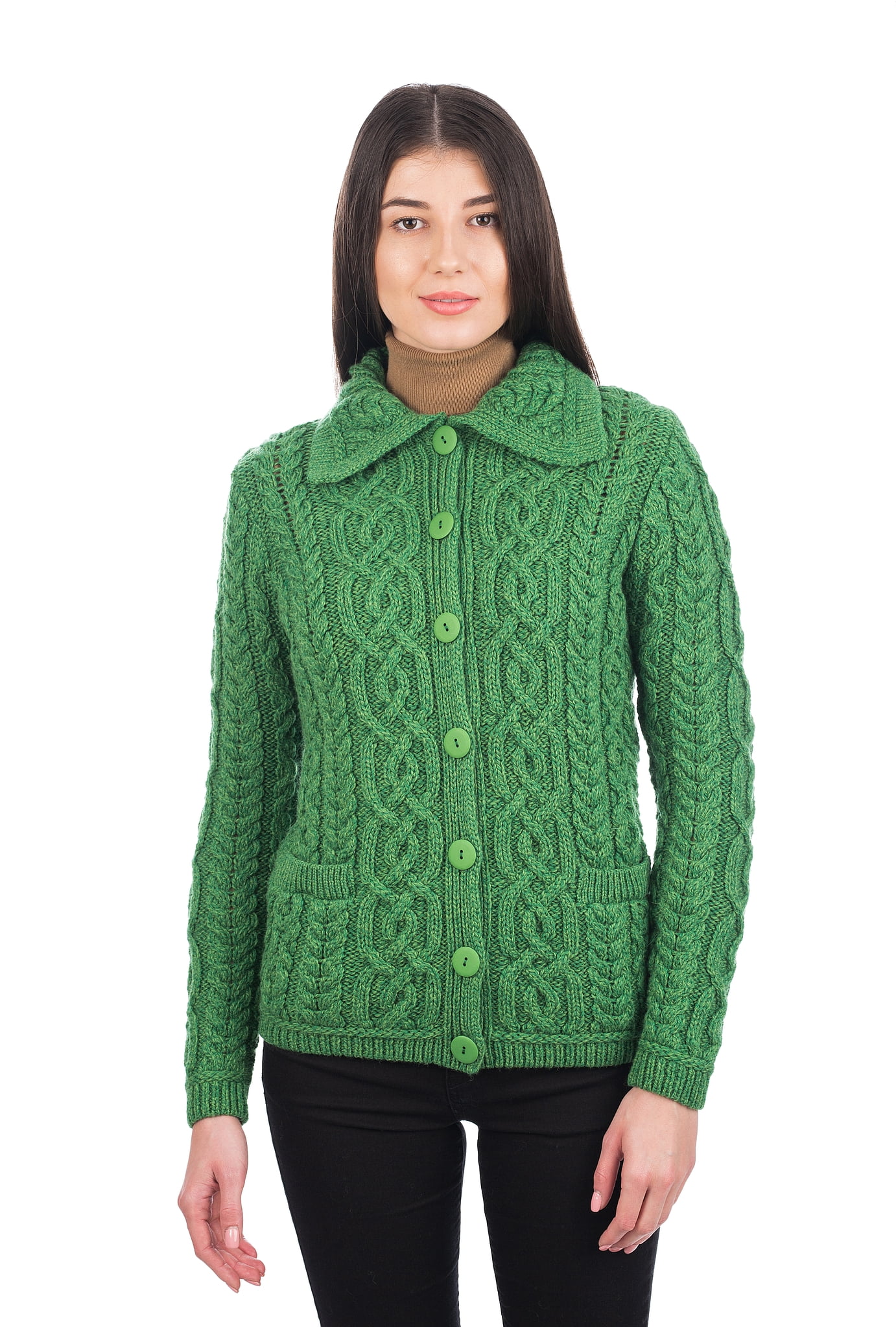 SAOL Irish Cardigan Sweater for Women 100 Merino Wool Aran Knit