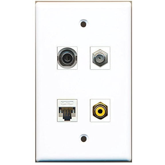 RiteAV - 1 Port RCA Yellow 1 Port Coax Cable TV- F-Type 1 Port 3.5mm 1 Port Cat5e Ethernet White Wall Plate