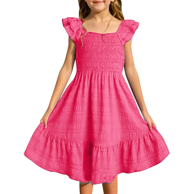 Toddler Girls' Dresses Summer Smocked Sleeveless Sun With Pockets Dress Robe Fille Size 4-5T