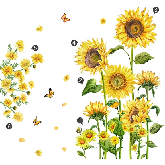 CCMAOLU Sunflower Wall Stickers,Large Vinyl Decals with Butterflies Pattern,Peel and Stick Removable Stickers for Living Room,Bedroom,TV Background,Safe & Clean DIY Wall Decor